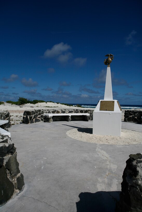 A memorial to the defenders of Wake Island, including Marine Fighter Squadron 211, stands near the command post of Maj. James Devereux, who lead the defense of the island from Dec. 8-23, 1941.  On Jan. 8, 2009, approximately 60 Marines from Marine Attack Squadron 211 returned to Wake Island en route to a deployment to Iwakuni, Japan. The visit marked the first time since 1993 the bulk of the squadron, nicknamed the "Wake Island Avengers" after the original defenders where killed or captured by Japanese forces during the island's siege, has returned to the remote Pacific atoll. VMA-211 is based in Yuma, Ariz. (Photo by Gunnery Sgt. Bill Lisbon)