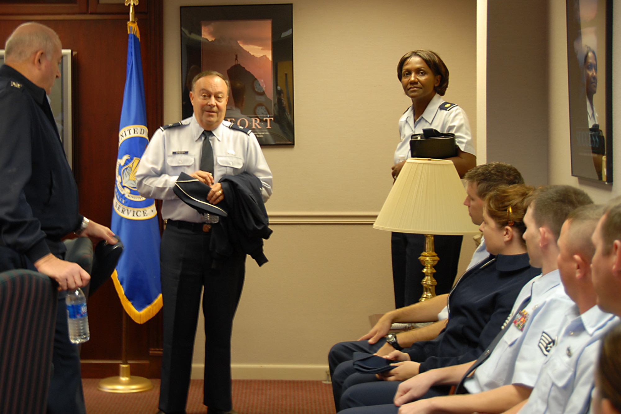 SCOTT AIR FORCE BASE,Ill. - Brig. Gen. John Sheedy (center), Assistant Adjutant General for Air and the Commander of the Illinois Air National Guard, addresses personnel assigned to the 635th Supply Chain Management Squadron Nov. 3.  The 635 SCMS, is part of a classic association with the 357th Airlift Wing, Scott Air Force Base, Ill., and is attached to the 126th Air Refueling Wing at Scott AFB, and is part of the ILANG.  (U.S. Air Force photo by Staff Sgt. Rick Bislich)
