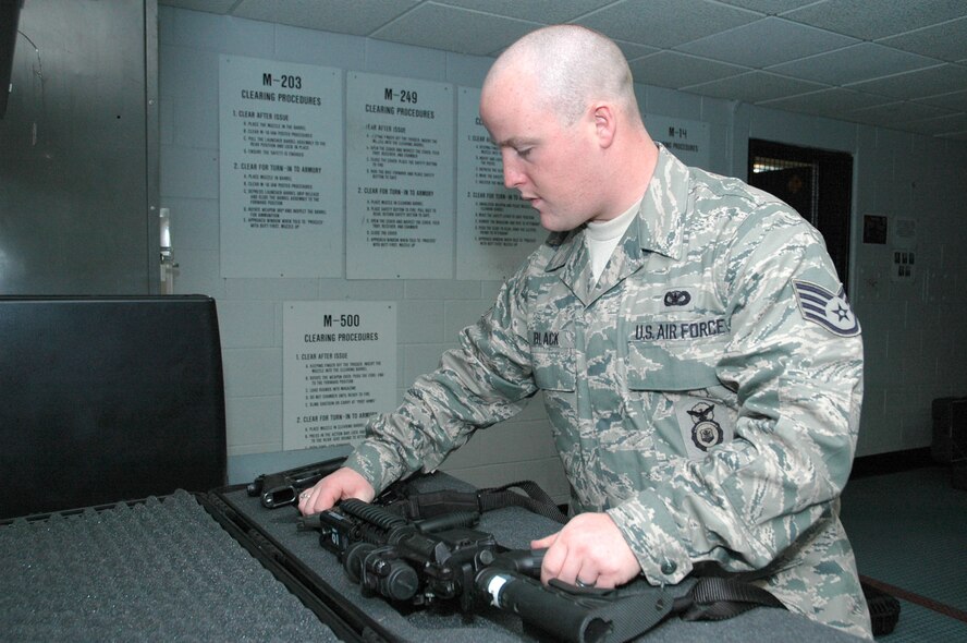 DOVER AIR FORCE BASE, Del. -- Staff Sgt. James Black, 512th Airlift Wing Security Forces Squadron, checks his equipment at the armory here prior to leaving in January for Kirkuk Regional Air Base, Iraq. The 512th SFS had 11 members deploy to Kirkuk as part of a 10-month mobilization (U.S. Air Force photo/Senior Airman Andria J. Allmond).