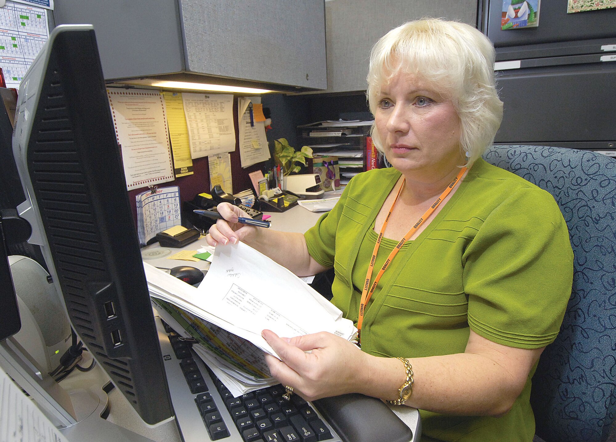 Attention to detail and a determination to make a difference help Lisa McGowen in her role as a quality assurance specialist for the 76th Commodities Maintenance Group.  Ms. McGowen monitors problems with parts that are identified by customers and is responsible for quality deficiency reports.  She oversees the entire process from investigation, reporting and any rework, communicating actions taken and documenting processes.  She also tracks QDRs for her area, watching any trends with a certain part or process as part of the team dedicated to delivering excellence to those in the field. (Air Force photo by Margo Wright)  