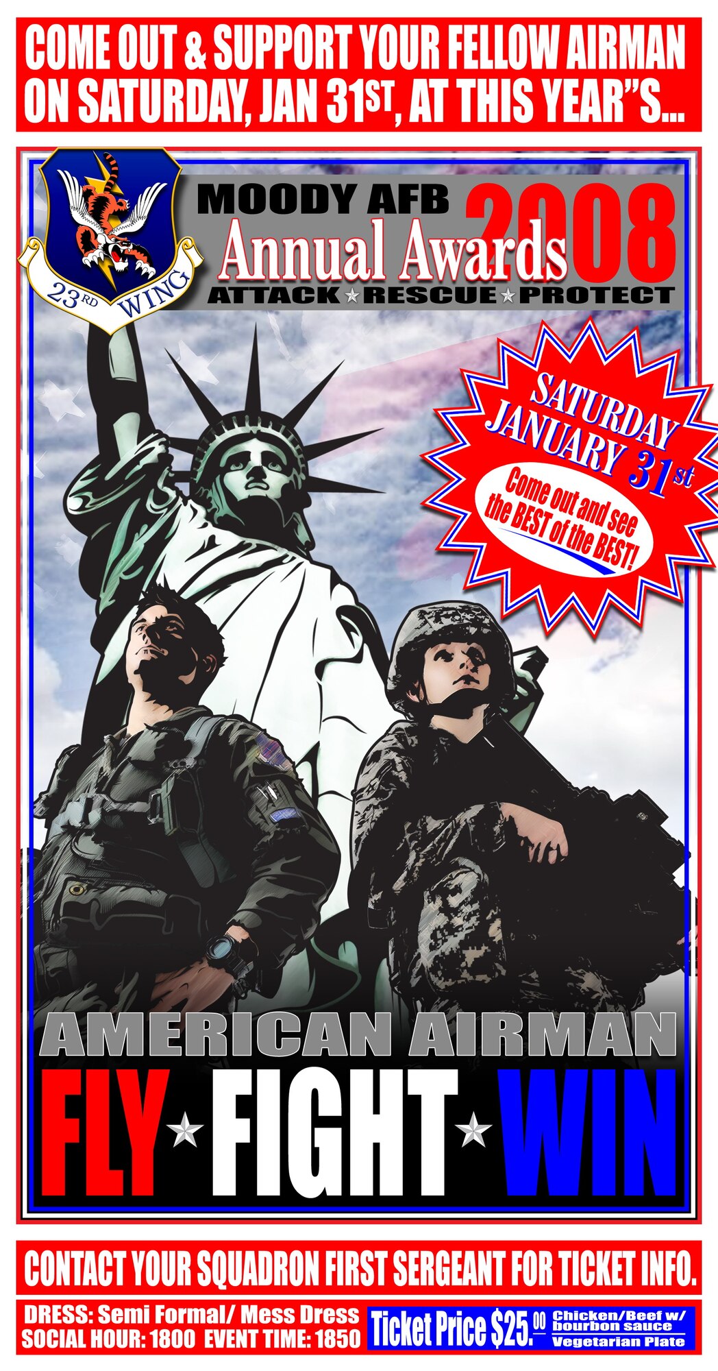 The 2008 Annual Awards Ceremony is scheduled to be held Jan. 31 at the Valdosta Conference Center. Social hour will start at 6 p.m. with the ceremony beginning at 6:50 p.m. The cost for tickets is $25 and they can be purchased through an individual's respective first sergeant. The attire for this event is semi-formal or mess dress. For more information, call 257-7733.