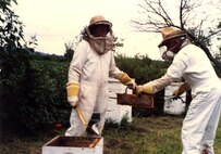 From left, Aerospace Testing Alliance (ATA) Electrical Engineering Lead Bill Myers hands a frame of capped honey to his father, James, to carry back home to process. Bill has been raising bees since 1978. ATA is the support contractor for AEDC. (Photo provided)