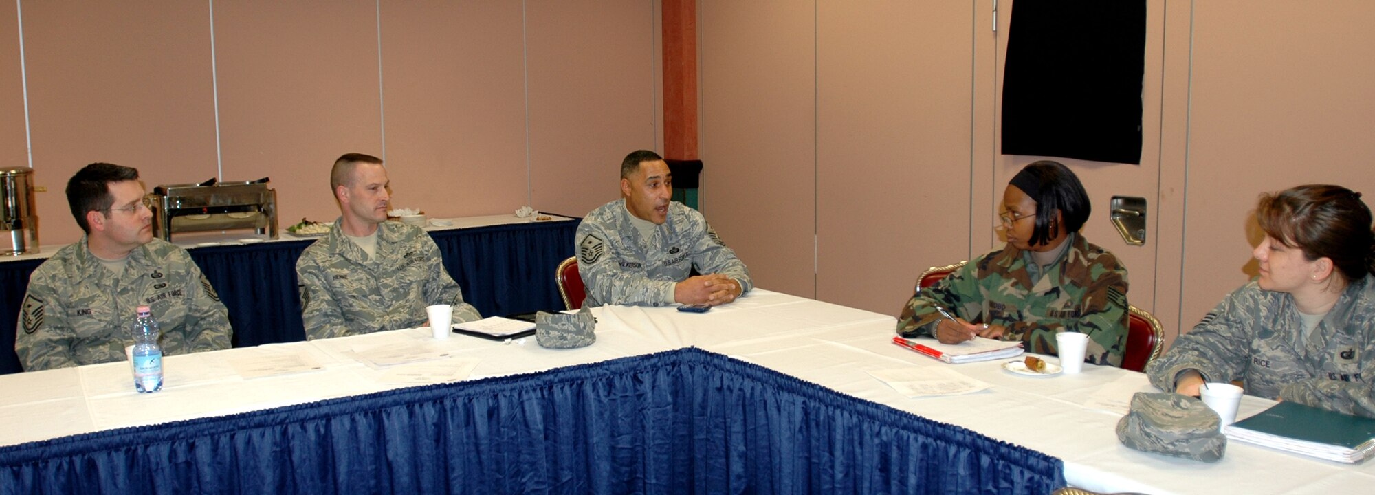 A panel of first sergeants answer questions and give advice to members of the Aviano 5/6 Jan. 8, 2009 at the La Bella Vista Club. The Air Force is in need of dedicated and motivated master sergeants to fill the special duty of first sergeant. (U.S. Air Force photo/Tech. Sgt. Charlein Sheets)