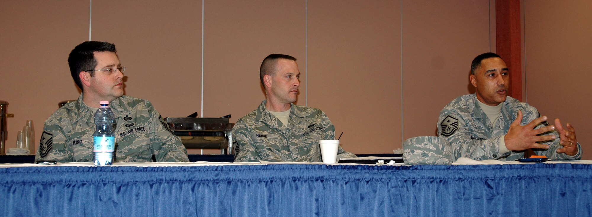 A panel of first sergeants answer questions and give advice to members of the Aviano 5/6 Jan. 8, 2009 at the La Bella Vista Club. The Air Force is in need of dedicated and motivated master sergeants to fill the special duty of first sergeant. (U.S. Air Force photo/Tech. Sgt. Charlein Sheets)