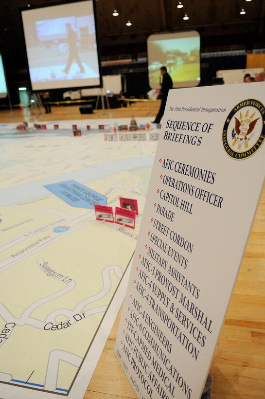 A sign details the sequence of events during a large-scale map exercise at the D.C. Armory in Washington, D.C., Dec. 18, 2008. 