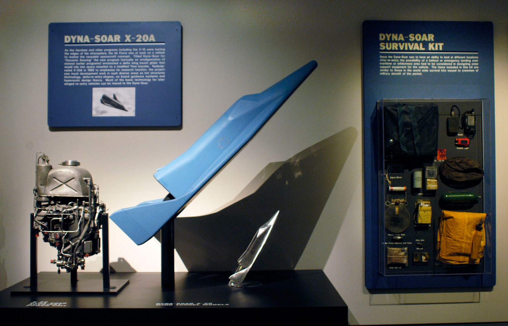 DAYTON, Ohio -- Dyna-Soar X-20 auxiliary power unit (left), wind tunnel model and survival kit in the Missile and Space Gallery at the National Museum of the United States Air Force. (U.S. Air Force photo)
