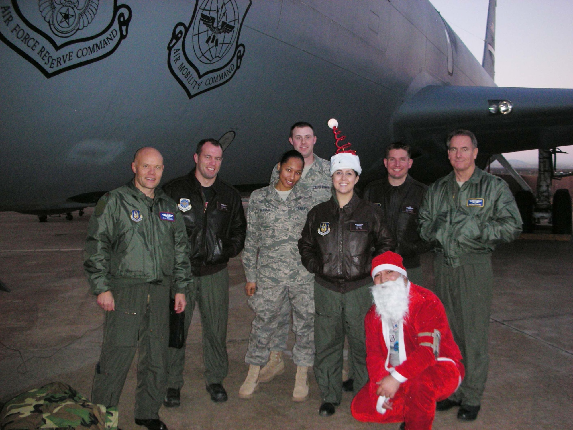 The pilots and crew of the Christmas Day sortie pause for a snapshot. The last of about 130 members from various units throughout March ARB returned here from Incirlik AB, Turkey, Jan. 4, after wrapping up refueling missions in support of operations in Iraq and Afghanistan. Two KC-135s from the 336 ARS conducted 131 sorties and unloaded 1,000,734 pounds of fuel during the two-month deployment. (U.S. Air Force photo courtesy of Capt. Mary Guest)