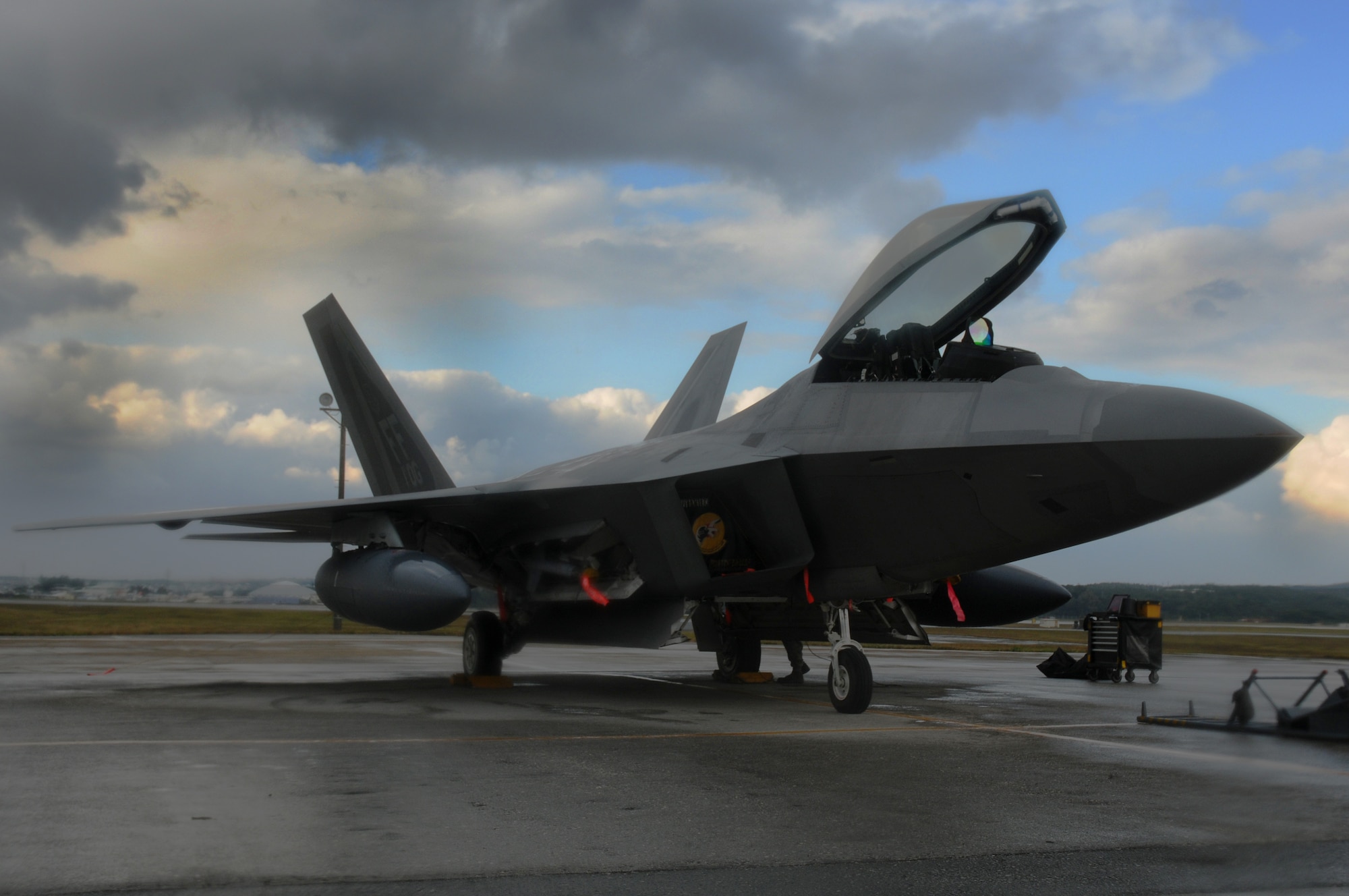 An F-22 Raptor cools down after a 10 hour flight from Hickam Air Force Base, Hawaii to Kadena Air Force Base, Japan Jan 10. The aircraft is one of 12 deployed from Langley Air Force Base, Va. as part of an air expeditionary force rotation. (U.S. Air Force photo/Airman 1st Class Amanda Grabiec)