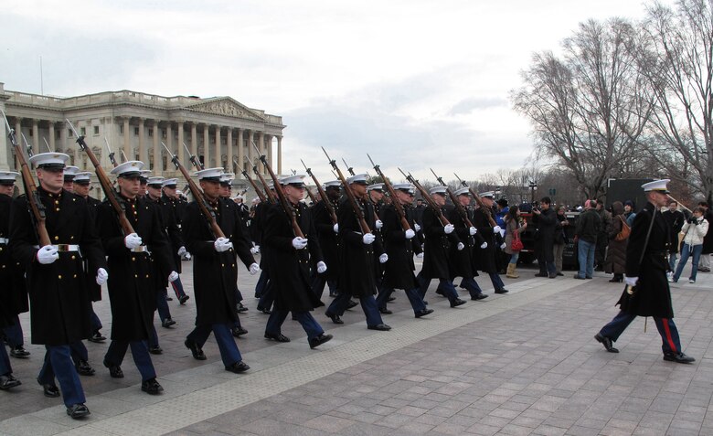 Marine Corps participants in the 56th Presidential Inaugural Rehearsal march in front of the Capitol Jan. 11 during a walkthrough of the inauguration ceremony.