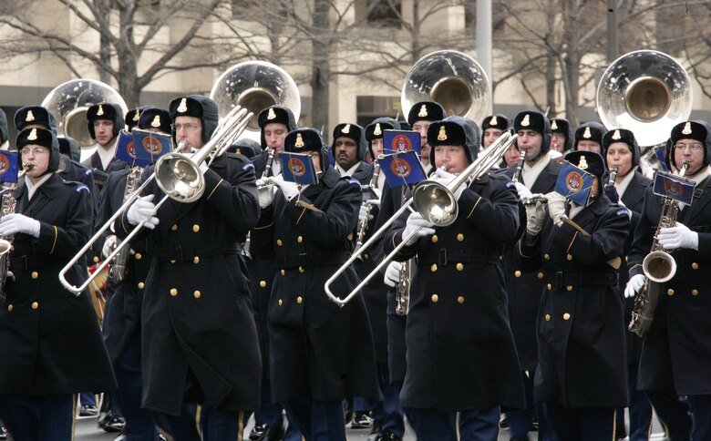 The U.S. Army Brass Band performs while marching down Pennsylvania Ave. NW during the 56th Presidential Inaugural Parade Rehearsal Jan 11.