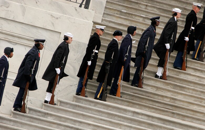 Members of the joint service cordon for the 56th Presidential Inaugural Rehearsal line the steps of the east entrance to the Capitol Jan. 11. ::r::::n::