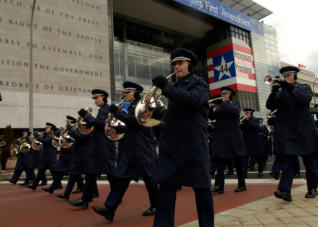 The U.S. Air Force Band marches in the 2009 Presidential Inaugural Parade rehearsal down Pennsylvania Avenue from the U.S. Capitol to the White House on Jan. 11.  More than 5,000 men and women from the Army, Air Force, Navy and Marine Corps are providing military ceremonial support for the presidential inauguration, a tradition dating back to George Washington’s 1789 inauguration. (U.S. Air Force photo by Senior Airman Renae Kleckner)