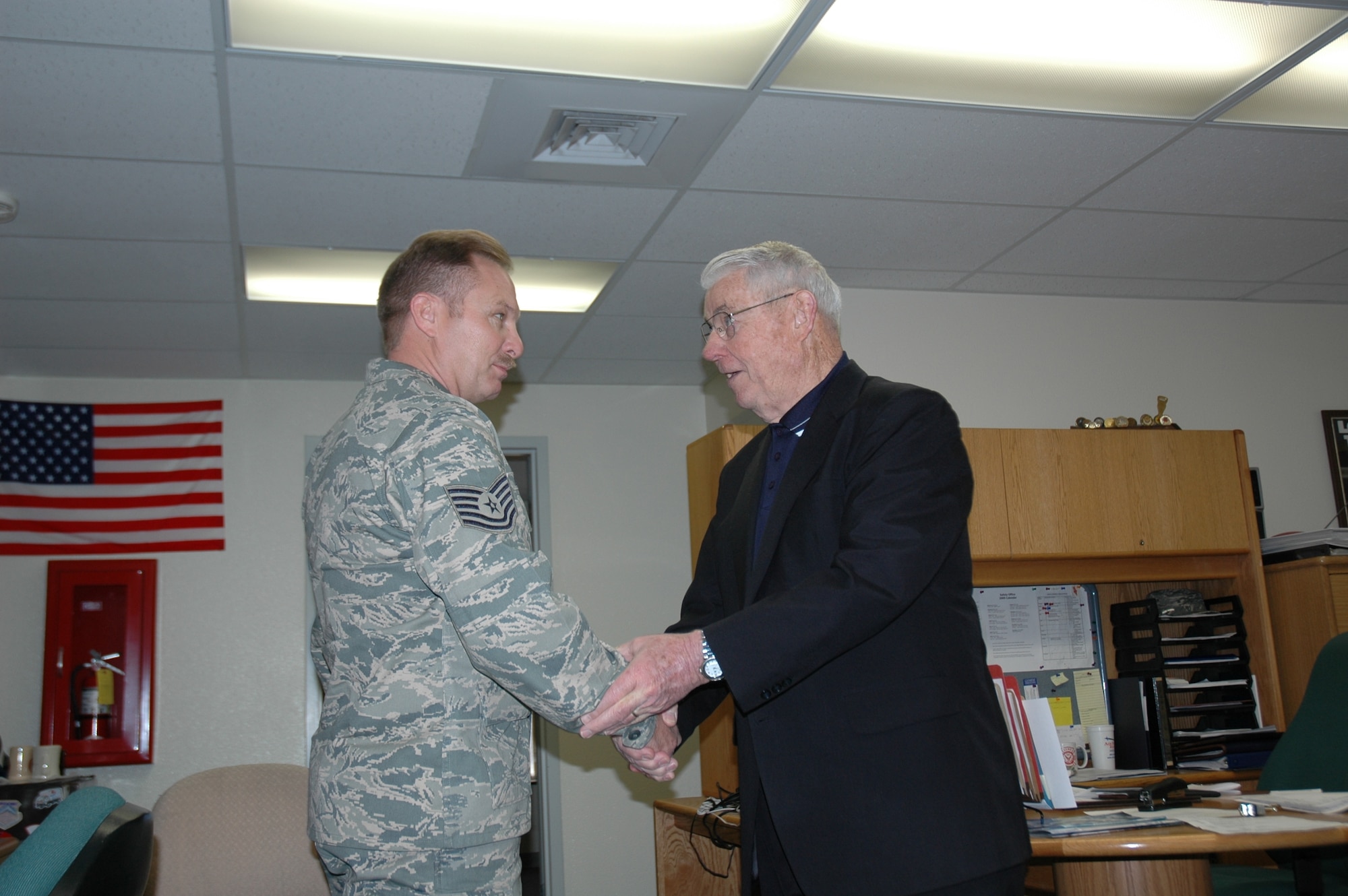 Chief Master Sgt. (ret) Robert Gaylor, 5th Chief Master Sergeant of the Air Force, greets members of the 944th Fighter Wing during his visit to Luke Air Force Base, Ariz., Jan. 9 and 10. Chief Gaylor was the keynote speaker during the 944th FW annual Senior NCO and NCO Induction Ceremony. (U.S. Air Force photo/Staff Sgt. Stephen Razo)