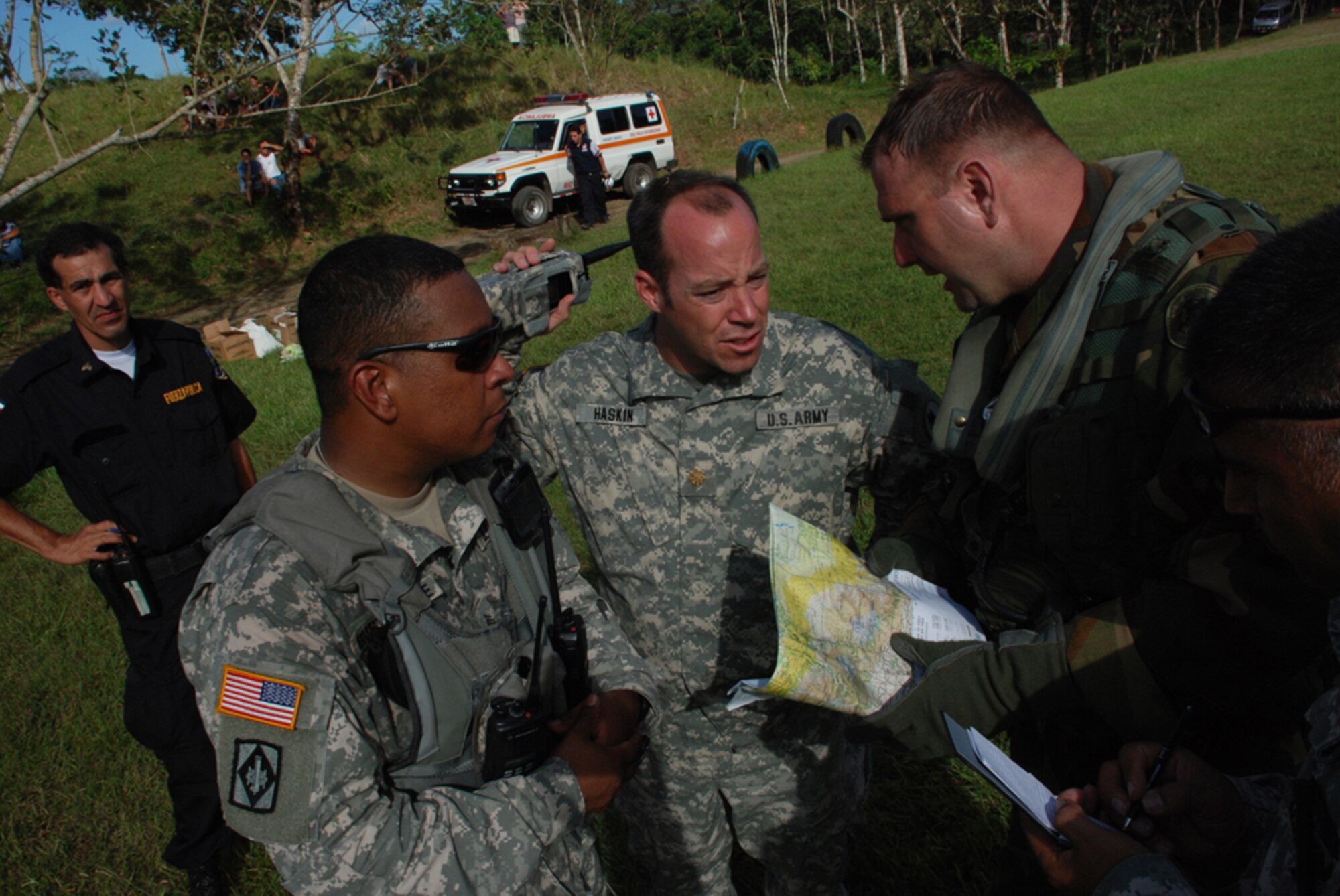 SAN MIGUEL, COSTA RICA--Members of Joint Task Force-Bravo review areas to search for victims of a magnitude 6.1 earthquake near here. Four JTF-Bravo helicopters and 34 servicemembers are deployed here from Soto Cano Air Base, Honduras, at the request of the Costa Rican government to provide life-saving support to those affected by the earthquake.  (U.S. Air Force photo/1st Lt. Candace Park)
