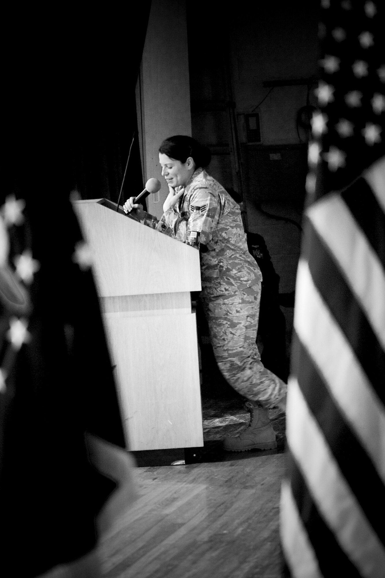 PATRICK AIR FORCE BASE, Fla. -- After being wounded in Iraq, Senior Airman Diane Lopes was wheeled into Walter Reed Army Medical Center facing a real possibility she may never walk again. Now, a month after leaving Walter Reed and her wheelchair behind, Airman Lopes took a few steps up. First, she stood before her peers at a 920th Rescue Wing commander's call. Then she pinned on staff sergeant stripes. (U.S. Air Force photo/Tech. Sgt. Jeremy Allen)