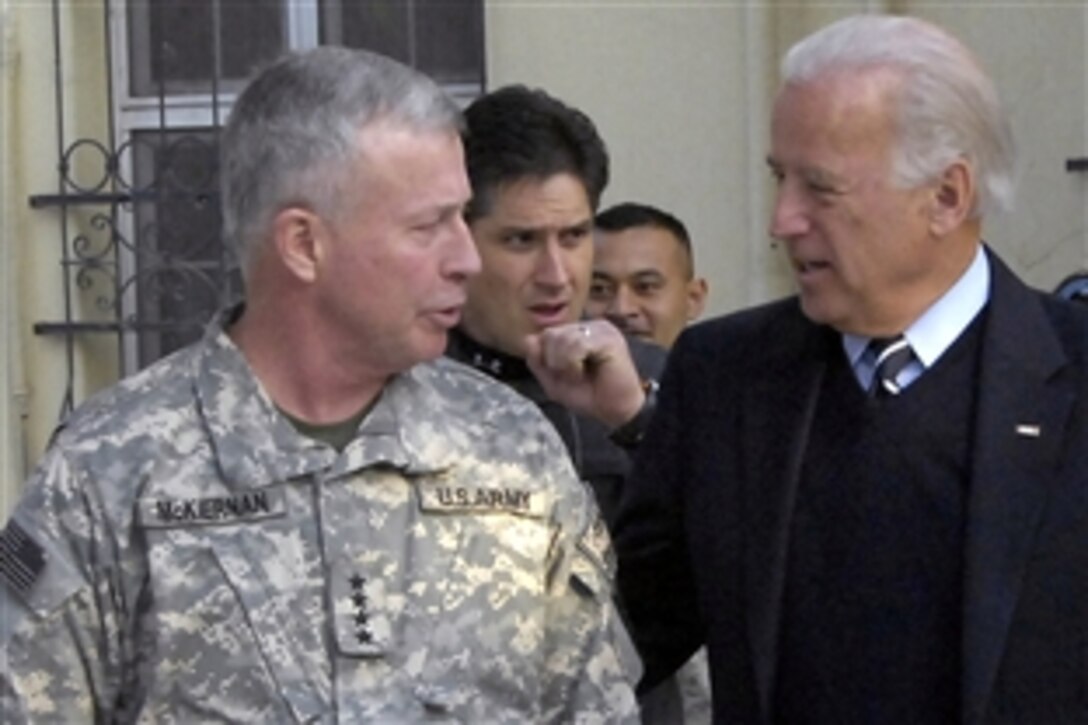 Vice President-Elect Joe Biden, right, speaks with U.S. Army Gen. David D. McKiernan, commander of the International Security Assistance Force in Kabul, Afghanistan, Jan 10, 2009. Biden received a brief from McKiernan and thanked the troops for their service. 