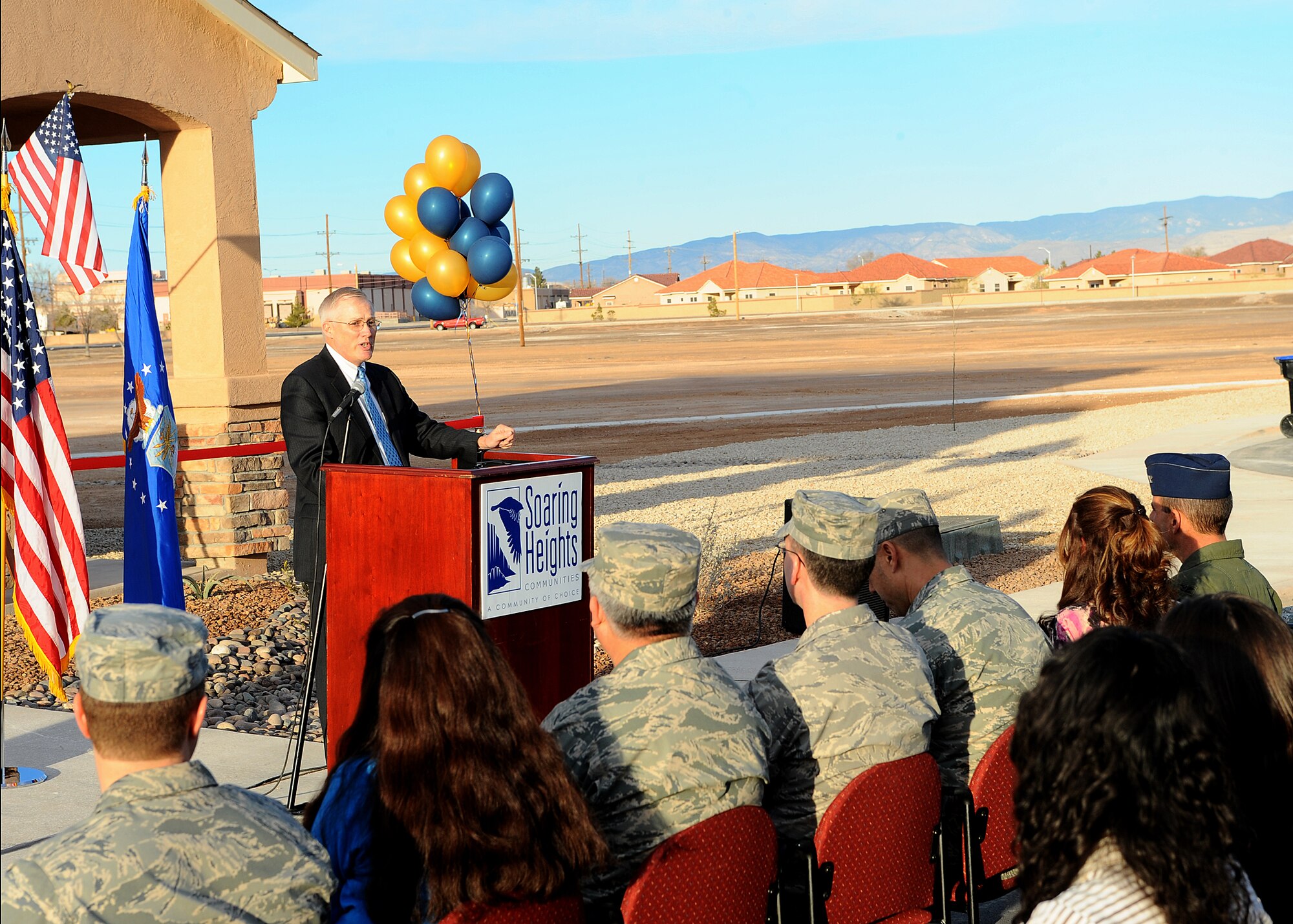 Bob Mathis, Vice President Air Force Portfolio, Actus Lend Lease, speaks at the Soaring Heights Communities ribbon cutting ceremony at Holloman Air Force Base, N.M., Jan. 8. . The ceremony was to commemorate the first house opening on the new White Sands Drive.