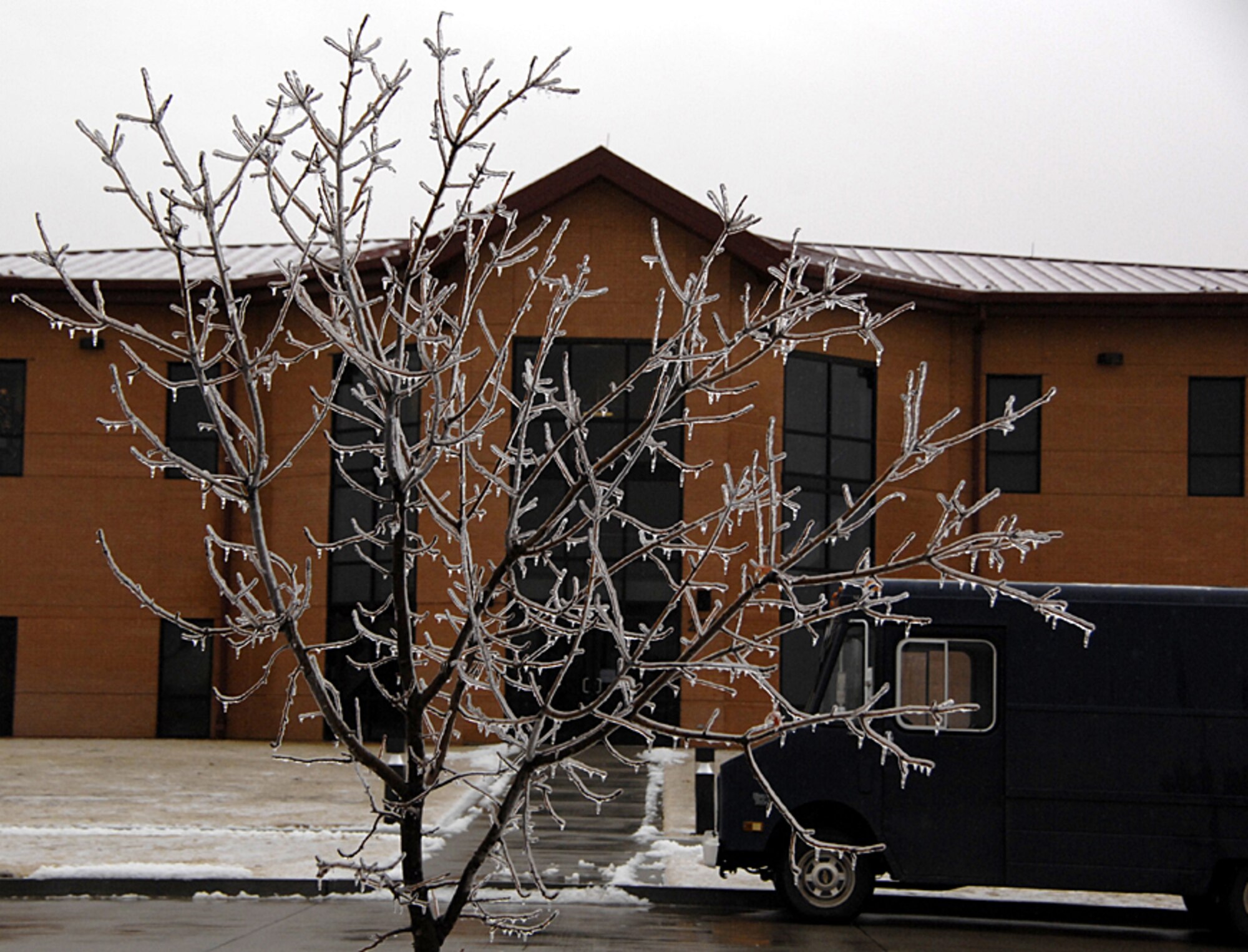 Bldg. 200 on base is frosted over during the ice storm of 2007 