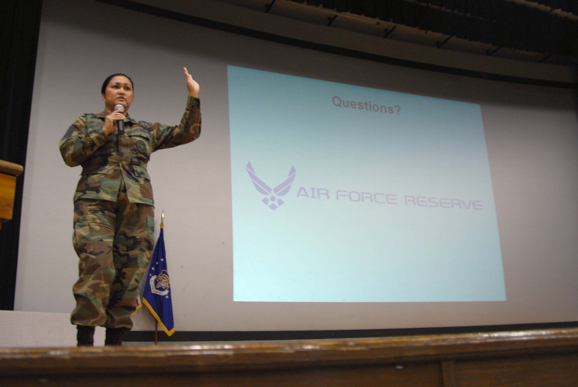 ANDREWS AIR FORCE BASE, Md. -- Master Sgt. Jo Ann Shaw, an Air Force Reserve Command recruiter briefs 459th Air Refueling Wing members during a recent commander's call. Master Sgt. Shaw is assigned to support the 459th and assist qualified applicants through the Air Reserve Technician hiring process. (U.S. Air Force photo/ Senior Airman Ashley Crawford)
