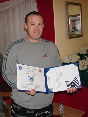 Staff Sgt. Mark Dawkins, 57th Maintenance Group F-16 air plane general quality assurance inspector, received notification of his STEP promotion to the rank of Technical Sergeant Dec. 25. (Courtesy photo)