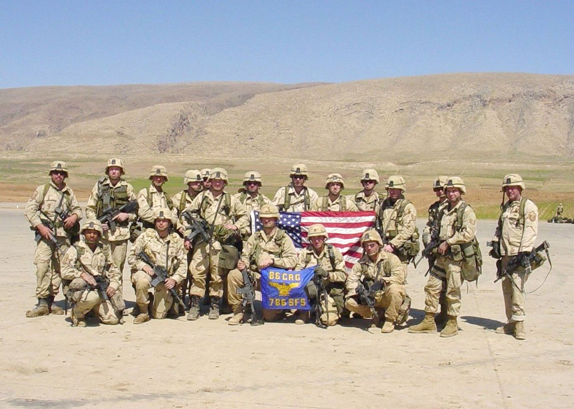 Maj. Erik Rundquist (kneeling, second from right) and Col. Steve Weart (kneeling, third from right), 86th Contingency Group commander, with some of the Air Force team that jumped on Bashur airfield. Two-thirds of the team were Security Forces personnel. (U.S. Air Force photo)