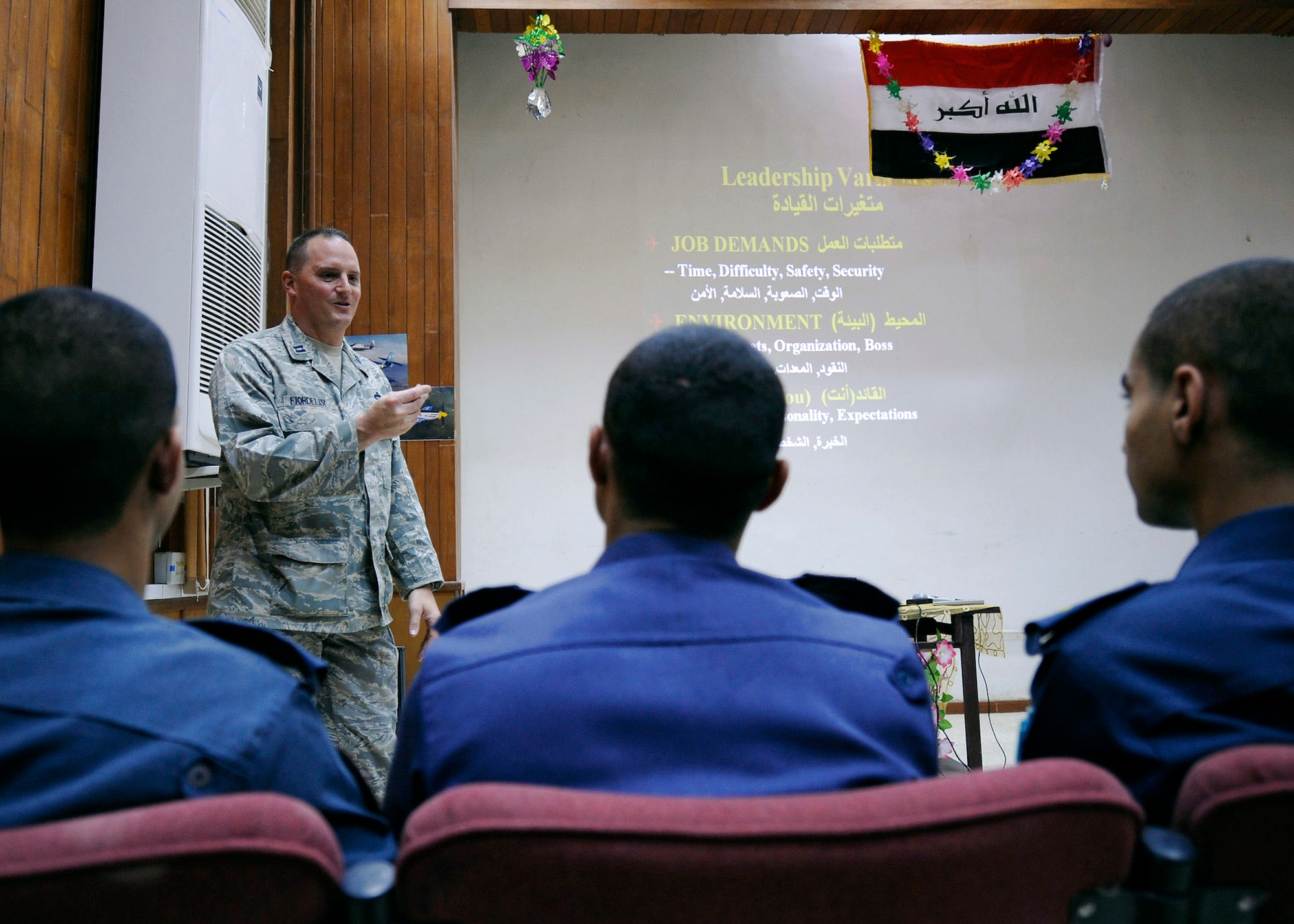 Capt. Tom Fiordelisi instructs situational leadership to Iraqi air force cadets at Forward Operating Base Rustamiyah, Iraq. Captain Fiordelisi, a native of Seymour, Conn., is the Air Force ROTC Det. 630 commadant of cadets at Kent State University, Ohio. Captain Fiordelisi is a 321st Air Expeditionary Training Group air adviser. (U.S. Air Force photo/Staff Sgt. Paul Villanueva II) 

