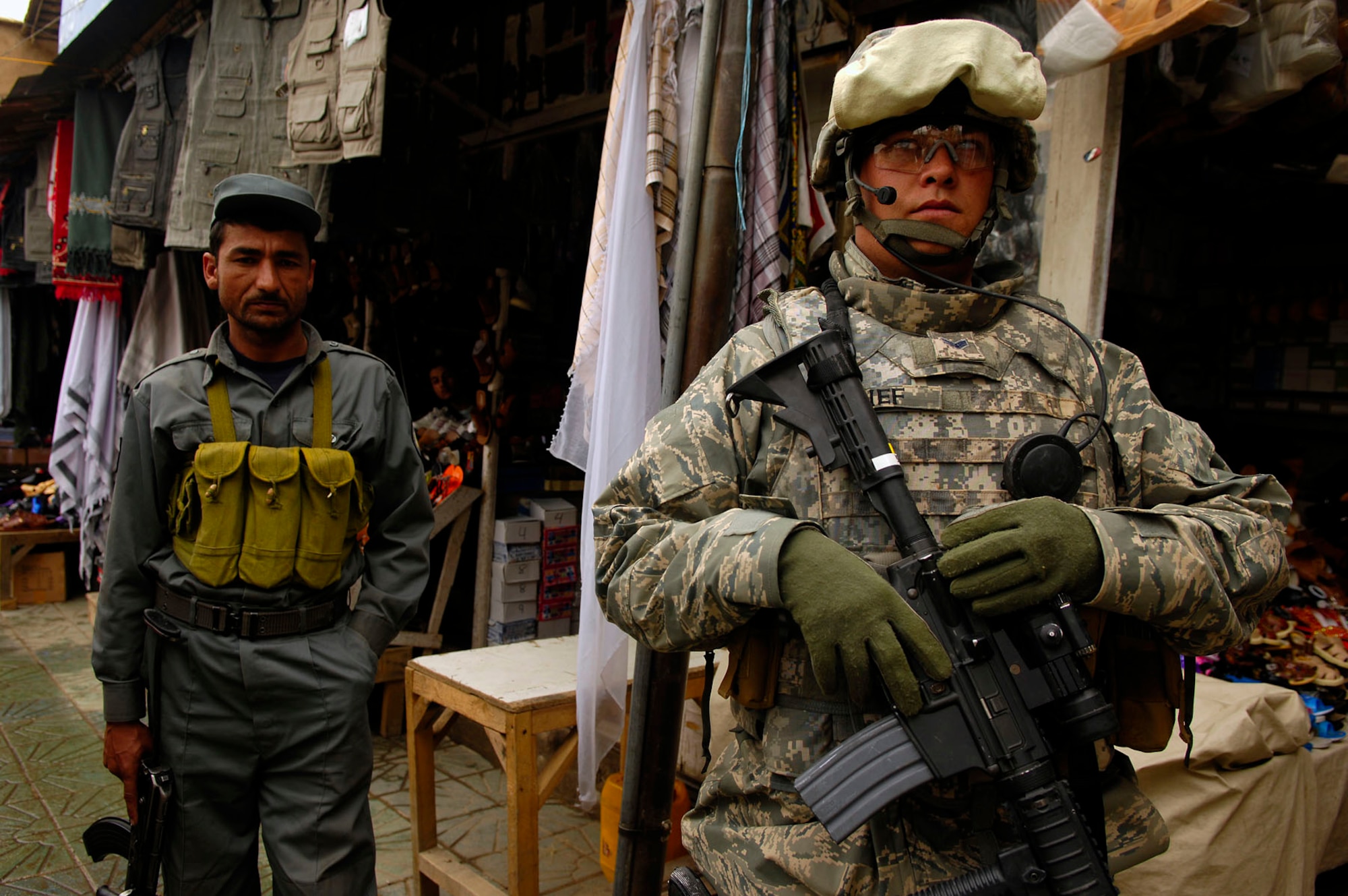 Senior Airman Andrew Kief, 56th Security Forces Squadron, on a foot patrol in Charikar, Afghanistan in April 2008. Kief is a member of the Police Advisory Team, Provincial Reconstruction Team. (U.S. Air Force photo)