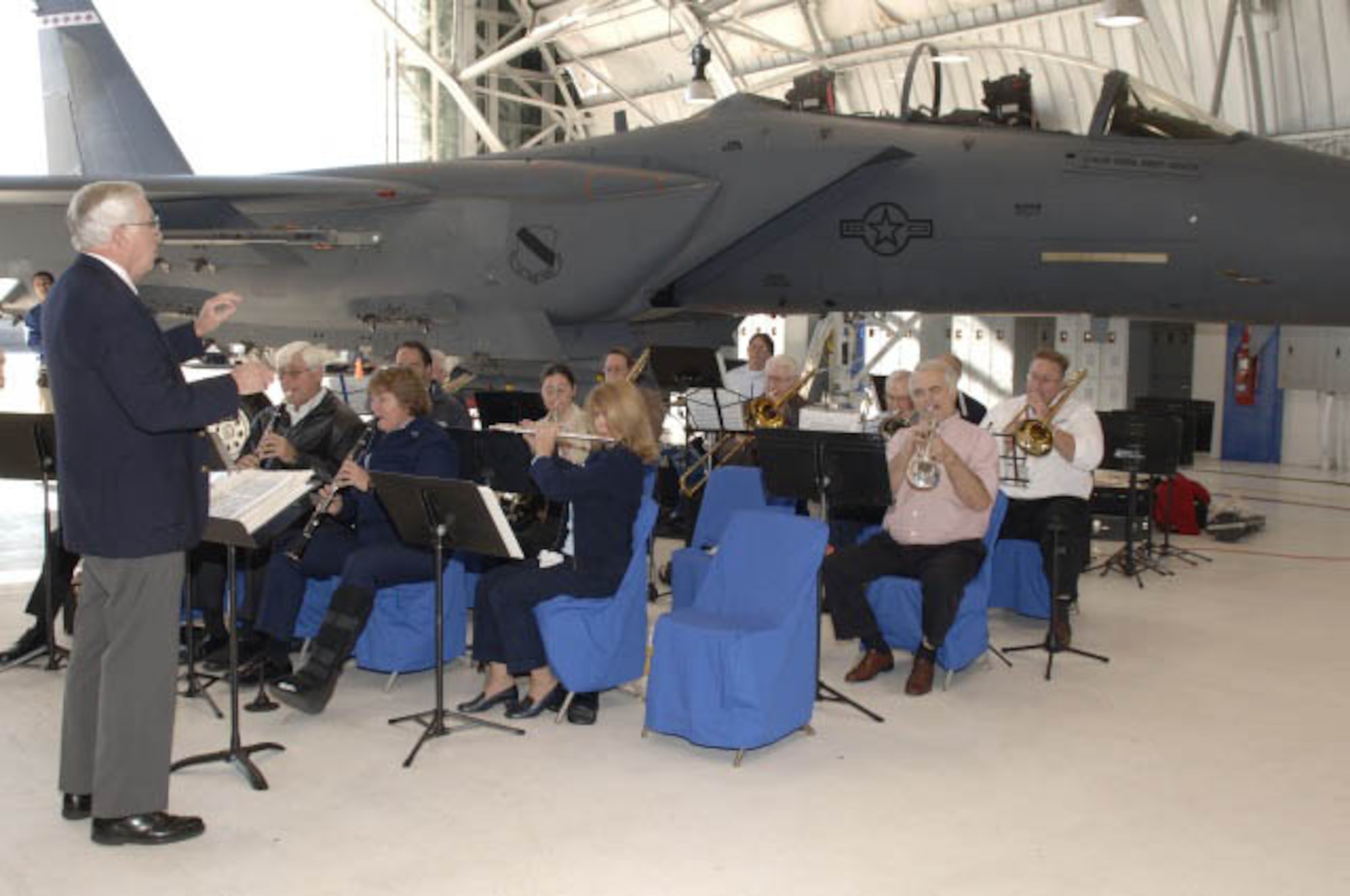 William Creekmore directs Eglin's ceremonial band during a recent function.  There are about 25 to 30 musicians currently part of the band and approximately 15 musicians at a time who play for scheduled functions. (USAF photo)
