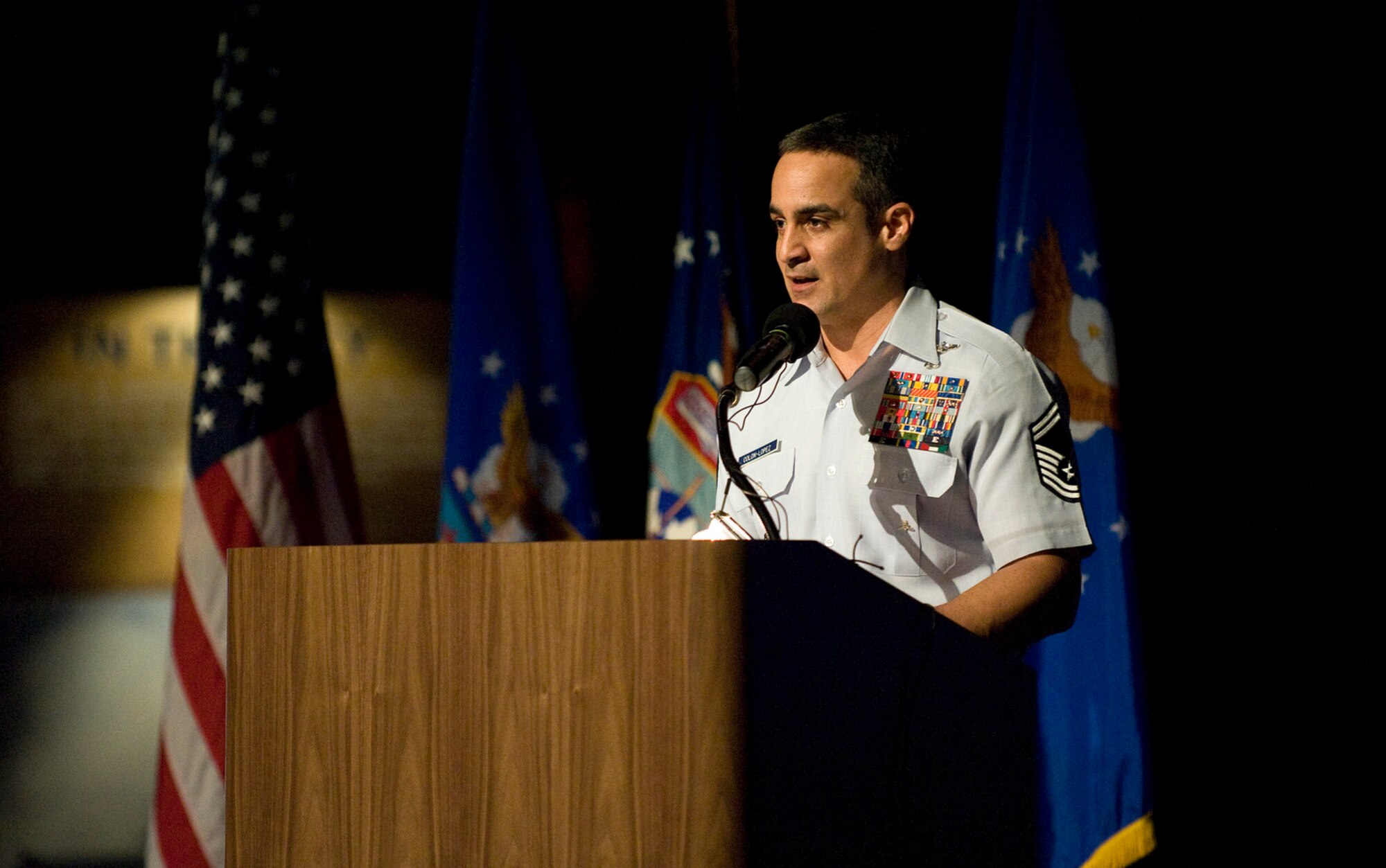 Senior Master Sgt. Ramon Colon-Lopez speaks about the importance of the Airman's Creed, the foundation of the Warrior Airman mindset at the opening of the Warrior Airmen Exhibit Jan. 12 at the National Museum of the U.S. Air Force at Wright-Patterson Air Force Base, Ohio. Sergeant Colon-Lopez is a pararescueman awarded the Air Force Combat Action Medal. (U.S. Air Force photo/Staff Sgt. Bennie J. Davis III)