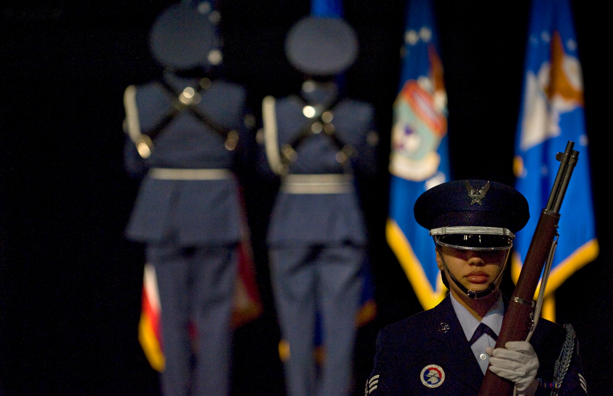 Honor guard members from Wright-Patterson Air Force Base post the colors for the opening of the Warrior Airmen Exhibit Jan. 12 at the National Museum of the U.S. Air Force at Wright-Patterson AFB, Ohio. (U.S. Air Force photo/Staff Sgt. Bennie J. Davis III)