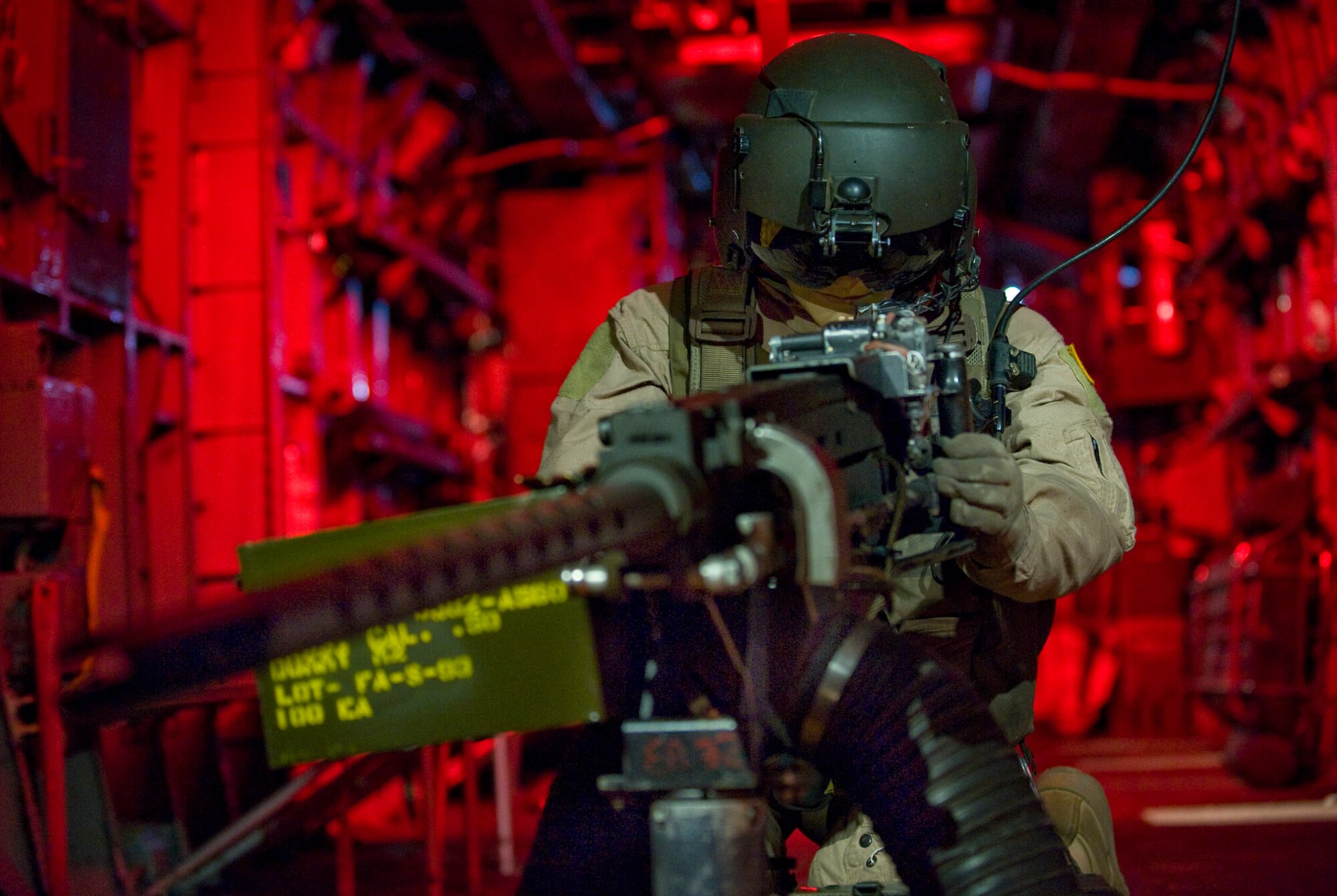 An aerial gunner exhibit aboard a MH-53 Pave Low helicopter is one of the many displays of the Warrior Exhibit that uses donated items of Airmen who served in the war on terrorism Jan. 12 at the National Museum of the U.S. Air Force at Wright-Patterson Air Force Base, Ohio. (U.S. Air Force photo/Staff Sgt. Bennie J. Davis III)