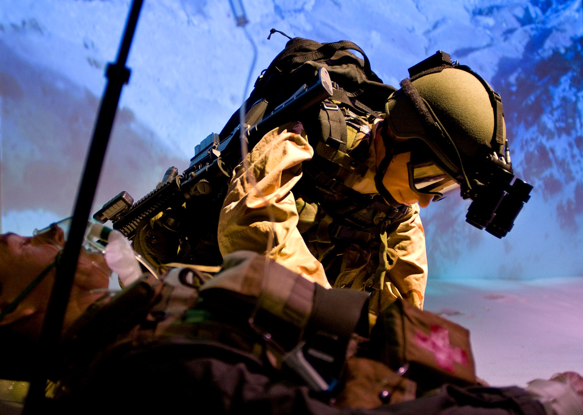 A detailed mannequin emulates Master Sgt. Keary Miller, a pararescuman who fought during the Battle of Takur Ghar the deadliest entanglement of Operation Anaconda in Afghanistan, which is on display at the Warrior Airmen Exhibit at the National Museum of the U.S. Air Force at Wright-Patterson Air Force Base, Ohio. (U.S. Air Force photo/Staff Sgt. Bennie J. Davis III)