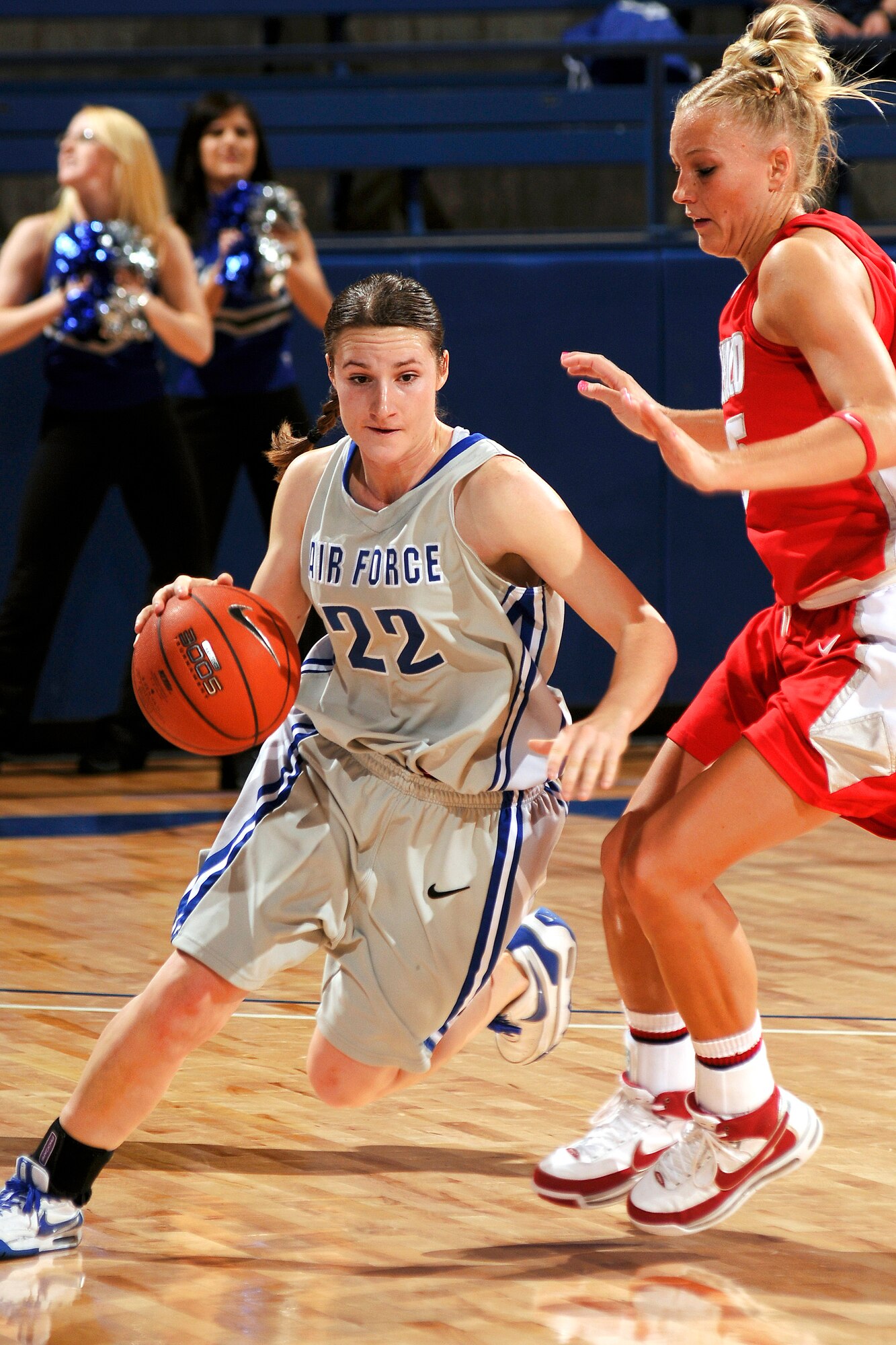 U.S. Air Force Academy sophomore guard Raimee Beck drives around a defender during the 73-39 loss against the New Mexico Lobos Jan. 9 at the Academy in Colorado. The Falcons return to action Jan. 14 at Utah. (U.S. Air Force photo/Mike Kaplan)
