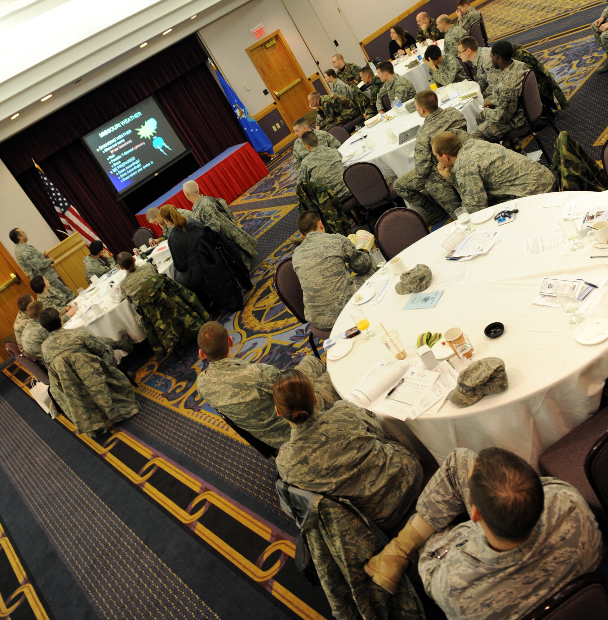 WHITEMAN AIR FORCE BASE, Mo. – Tech. Sgt. Raul Betancourt, 509th Bomb Wing Safety, briefs the newest Team Whiteman members during Right Start at Mission’s End Jan. 13. The Airmen receive briefings from commanders, base agencies and local community representatives during Right Start. (U.S. Air Force photo/Senior Airman Stephen Linch)