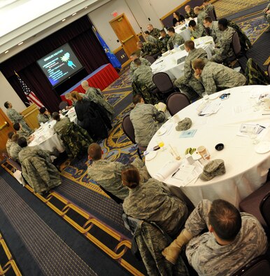 WHITEMAN AIR FORCE BASE, Mo. – Tech. Sgt. Raul Betancourt, 509th Bomb Wing Safety, briefs the newest Team Whiteman members during Right Start at Mission’s End Jan. 13.  Base and community representatives provide briefings to acquaint members with the Whiteman AFB area.(U.S. Air Force photo/Senior Airman Stephen Linch)