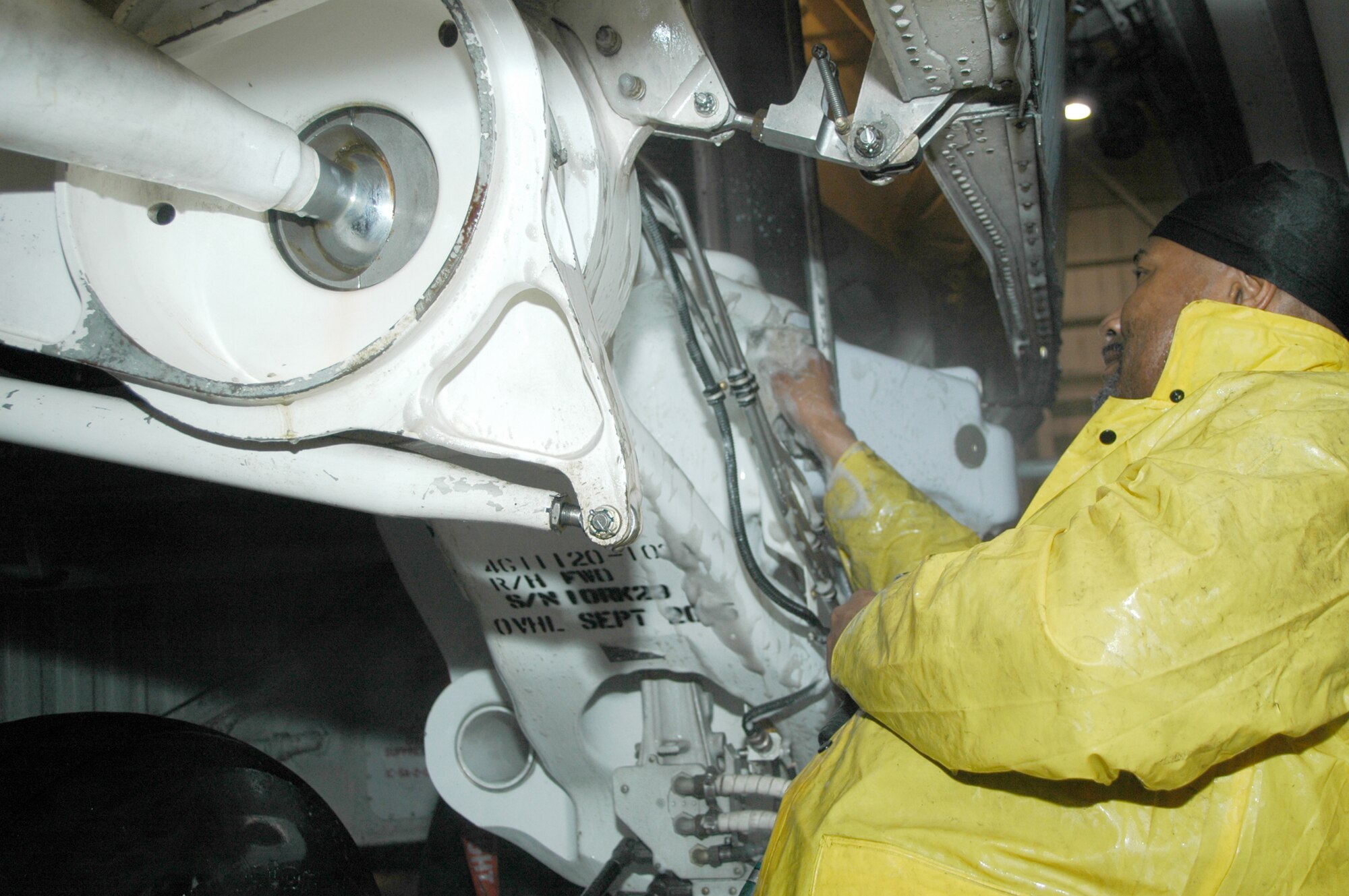 DOVER AIR FORCE BASE, Del. -- A C-5 Galaxy from Wright-Patterson Air Force Base flew here to be cleaned, Jan. 12. The Starlight Corporation, a defense contractor based out of Hawaii, detailed the aircraft inside and out. Servicing the aircraft prevents corrosion and provides a clean product for flight line mechanics to inspect (U.S. Air Force photo/Senior Airman Andria J. Allmond).