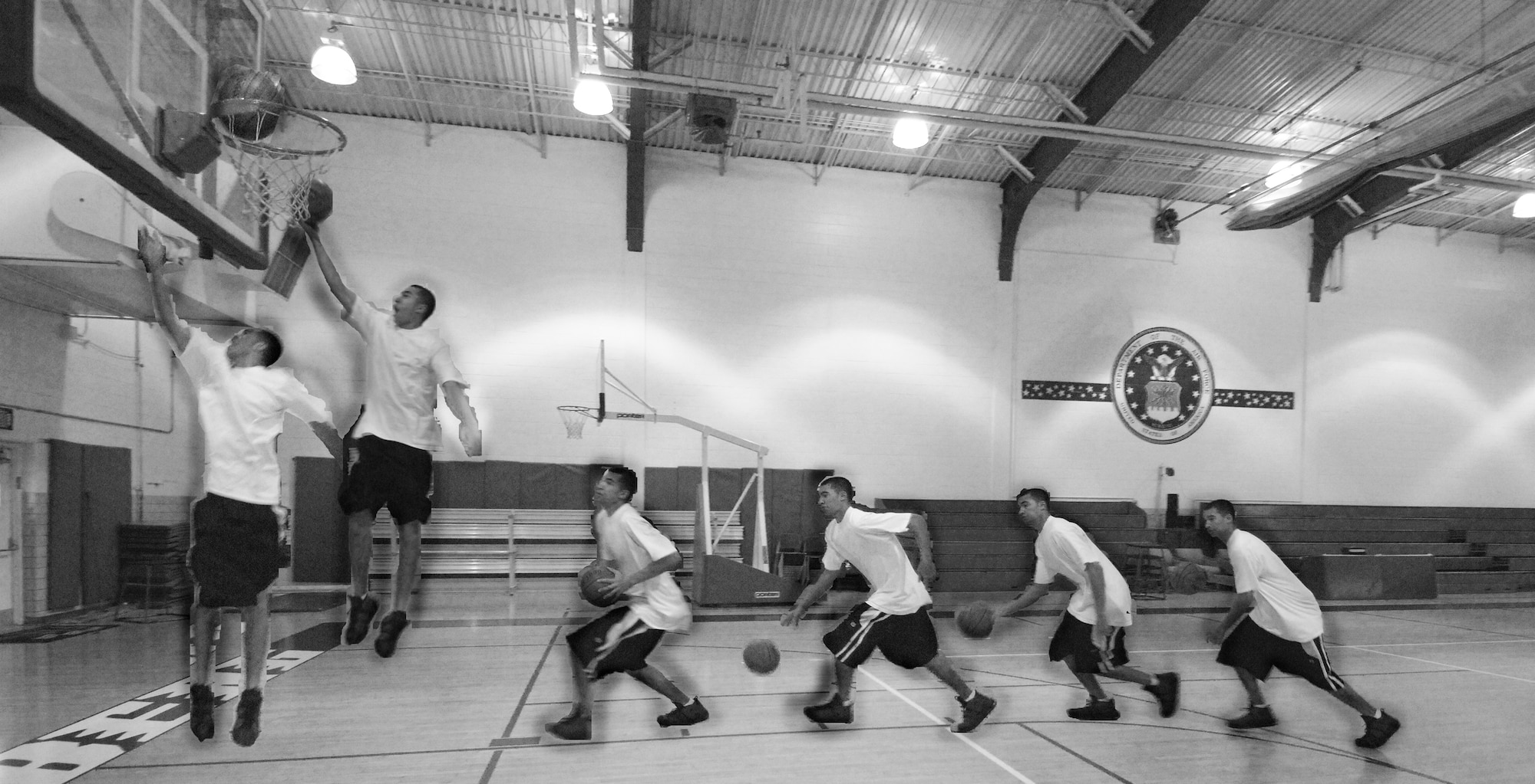 VANDENBERG AIR FORCE BASE, Calif. --  Smoothness is the key. Pick up the ball, take your step, jump and shoot in one fluid motion. (U.S. Air Force photo/Senior Airman Matthew Plew)