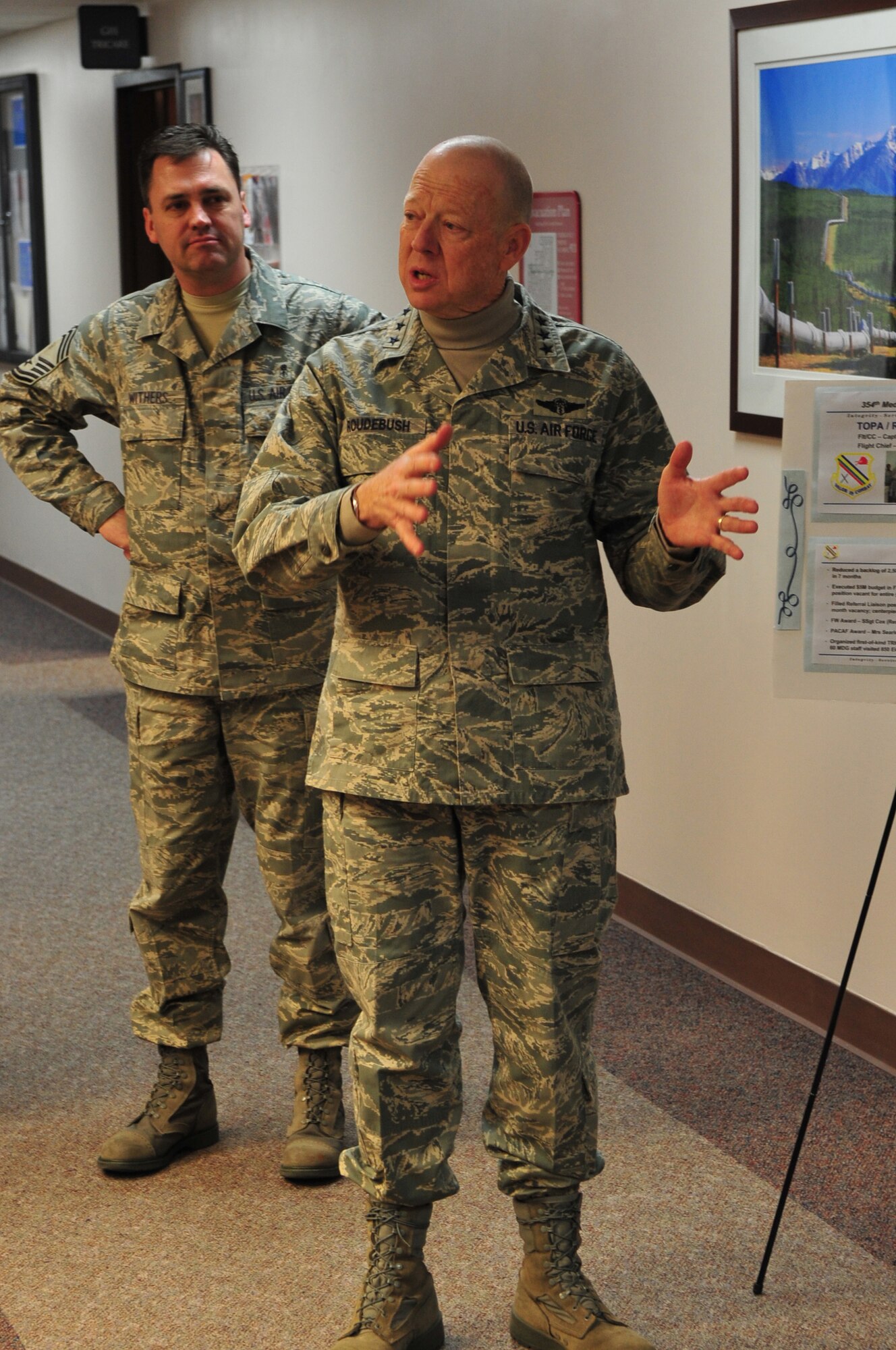Lt. Gen. James Roudebush, Surgeon General United States Air Force, speaks to the pharmacy department during his visit to Eielson Air Force Base. Gen. Roudebush was visiting the 354th Medical Group on a tour of the medical facilities in the Pacific region. (U.S. Air Force photo/Airman 1st Class Willard E. Grande II)