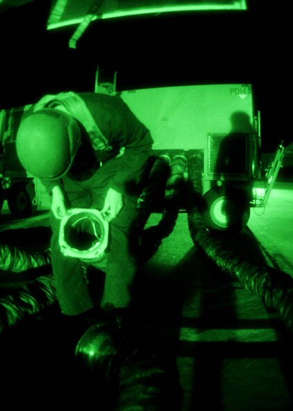DYESS AIR FORCE BASE, Texas -- Airman 1st Class Kyle Melder, from the 7th Aircraft Maintenance Squadron, ensures the hoses are positioned properly for the B-1 B Lancer during the operational readiness inspection (ORI) here, Jan 6. During the ORI the base will be inspected on its effectiveness in performing wartime, contingency, force sustainment, and operational missions. (U.S. Air Force photo by Airman 1st Class Stephen Reyes)