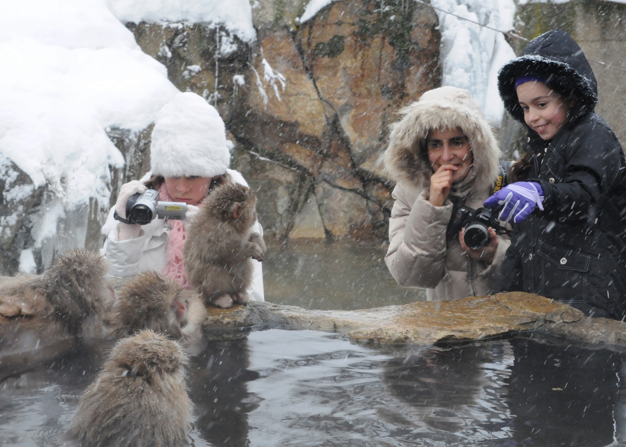 NAGANO, Japan -- Children take pictures Dec. 10 of the Macaque Monkeys at the Nagano Snow Monkey Park. In the winter, the monkeys migrate from the mountain tops to the hot springs below in search of food, giving people a chance to see them up close. This is just one of many tours offered by the 374th Force Support Squadron Information, Ticket and Tours office.  (U.S. Air Force photo/Senior Airman Veronica Pierce)