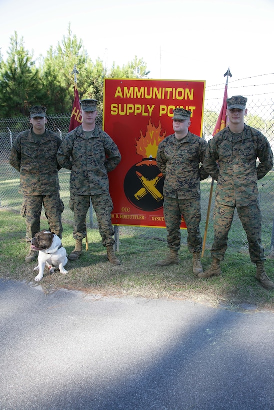 (from left to right) Pfc. Brian Maynard, Cpl. Alexander Long, Lance Cpl. Hummer, Lance Cpl. Matt Buckalew and Lance Cpl. Bryan Trefla are just of few of the Marines who work in the highly secured Ammunition Supply Point located in Page Field.