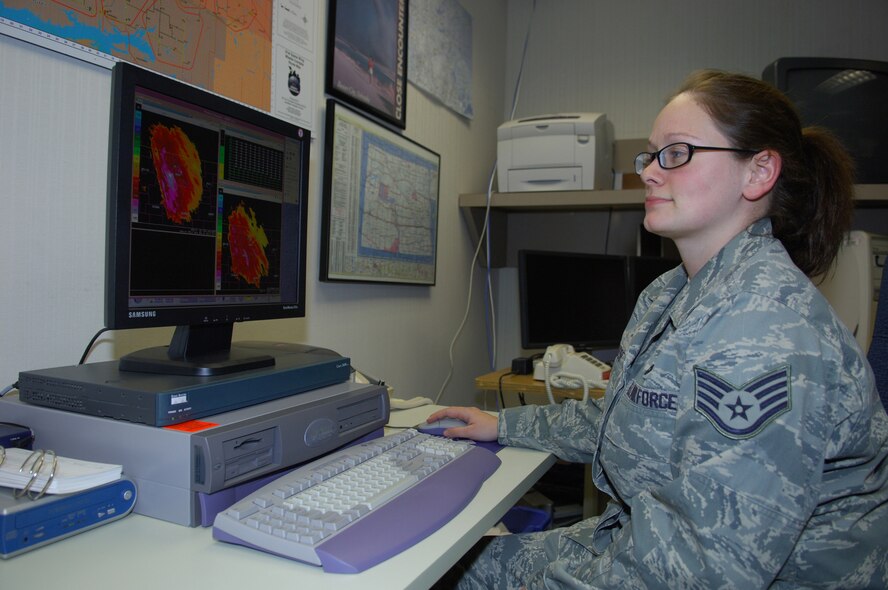 MINOT AIR FORCE BASE, N.D. – Staff Sgt. Shawna Sherman, 5th Operations Support Squadron weather forecaster, checks the local satellite images in preparation for a 91st Missile Wing briefing prior to missile field operations here Jan. 13. The weather office supports both the 5th Bomb Wing and the 91st MW forecasting the weather for an area of more than 8,500 square miles. (U.S. Air Force photo by Senior Airman Cassandra Jones)