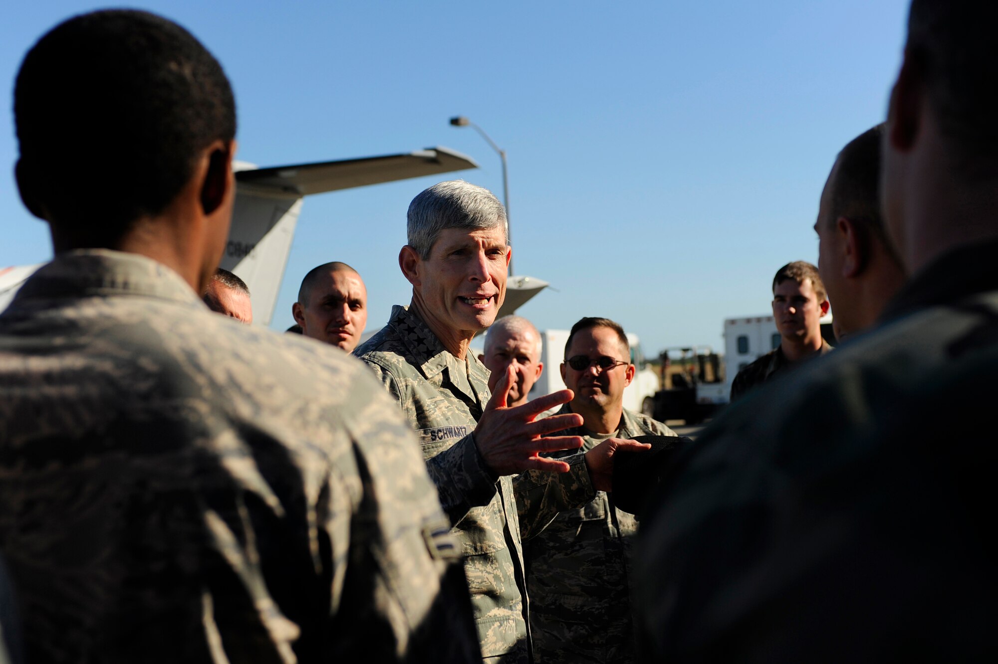 HURLBURT FIELD, Fla. -- Gen. Norton A. Schwartz, Chief of Staff of the U.S. Air Force, Washington, D.C., inspires Airmen from the 15th Aircraft Maintenance Unit with a small speech here, Jan. 9. 