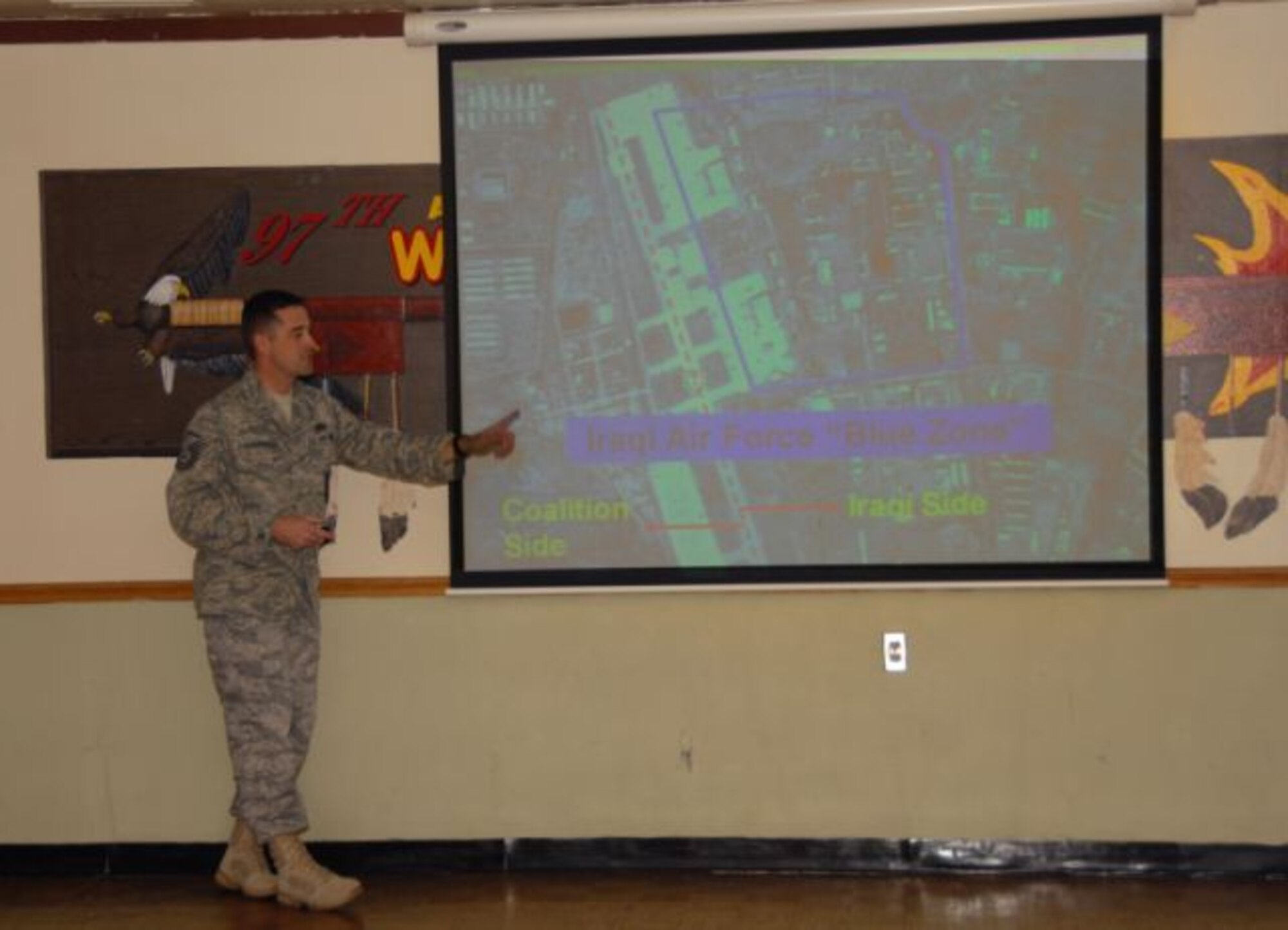 ALTUS AIR FORCE BASE, Okla. -- Master Sgt. Philip Fourroux from the 97th Civil Engineering Squadron briefs on his 365 day deployment to Camp Taji, Iraq at warrior stories Jan. 12. Sergeant Fourroux was deployed from August 2007 to August 2008 as an advisor to the Iraqi Air Force on firefighter training and equipment. (U.S. Air Force photo/Senior Airman Jennifer L. Flores)