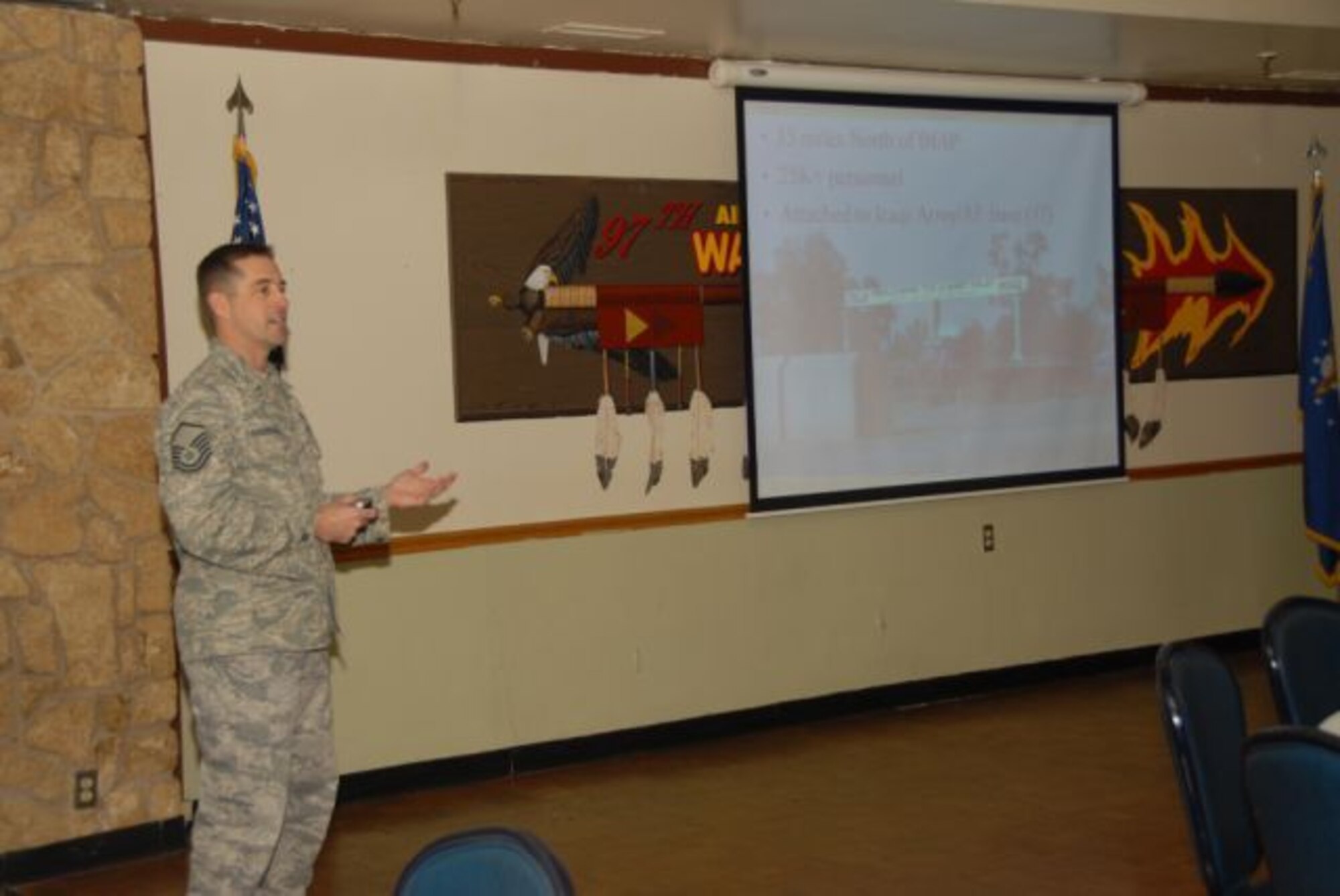 ALTUS AIR FORCE BASE, Okla.-- Master Sgt. Philip Fourroux from the 97th Civil
Engineering Squadron briefs on his 365 day deployment to Camp Taji, Iraq at
warrior stories, Jan.12. Sergeant Fourroux was deployed from August 2007 to
August 2008 as an advisor to the Iraqi Air Force on firefighter training and
equipment.  (U.S. Air Force photo/Senior Airman Jennifer L. Flores)
