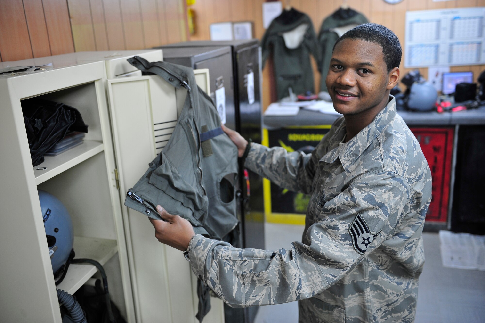 Staff Sgt. Quinton Fitzgerald, 14th Expeditionary Fighter Squadron assistant NCO in charge of aircrew flight equipment, is being recognized as the first Tuskegee Airman of the Week for 2009. The 332nd Air Expeditionary Wing Tuskegee Airman of the Week is selected based on an Airman's accomplishments both on and off duty. Fitzgerald is a native of Baton Rouge, La., and is deployed from Misawa Air Base, Japan. (U.S. Air Force photo/ Senior Airman Elizabeth Rissmiller)
