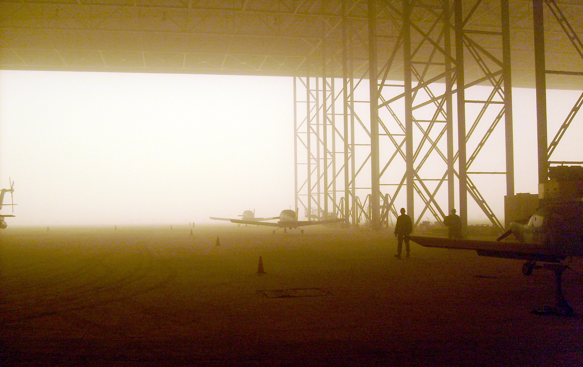Inside the hangar on the New Al Muthana side of Baghdad International Airport, Iraq during a dust storm. (Courtesy photo).
