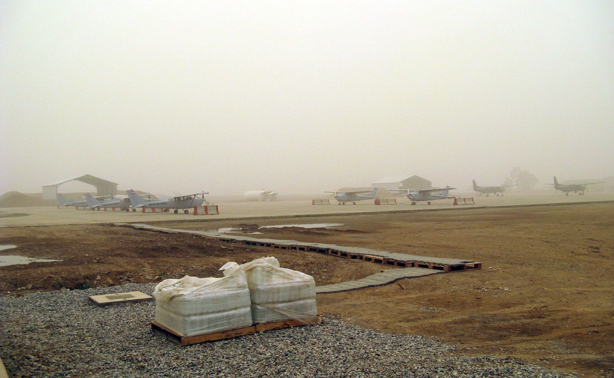 The parking ramp at Forward Operating Base Warrior, Kirkuk Iraq during a dust storm. (Courtesy photo)