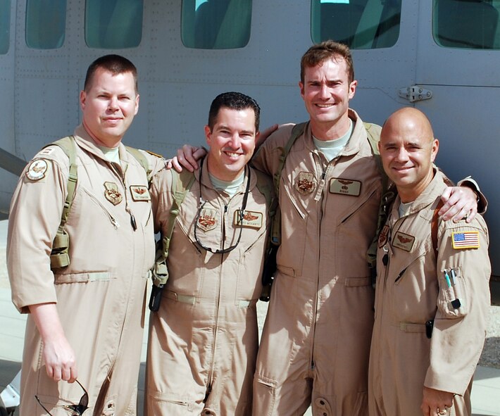 From left, Capt. Pat Thomason, Vance Air Force Base T-6 instructor pilot, Maj. Scott McCartt, Columbus Air Force Base T-6 instructor pilot, Capt. Brian Riggle, Vance Air Force Base T-1 instructor pilot and Capt Chris Duffett, McGuire Air Force Base KC-10 pilot, roommates during their deployment to Forward Operating Base Warrior, Kirkuk, Iraq. (Courtesy photo)