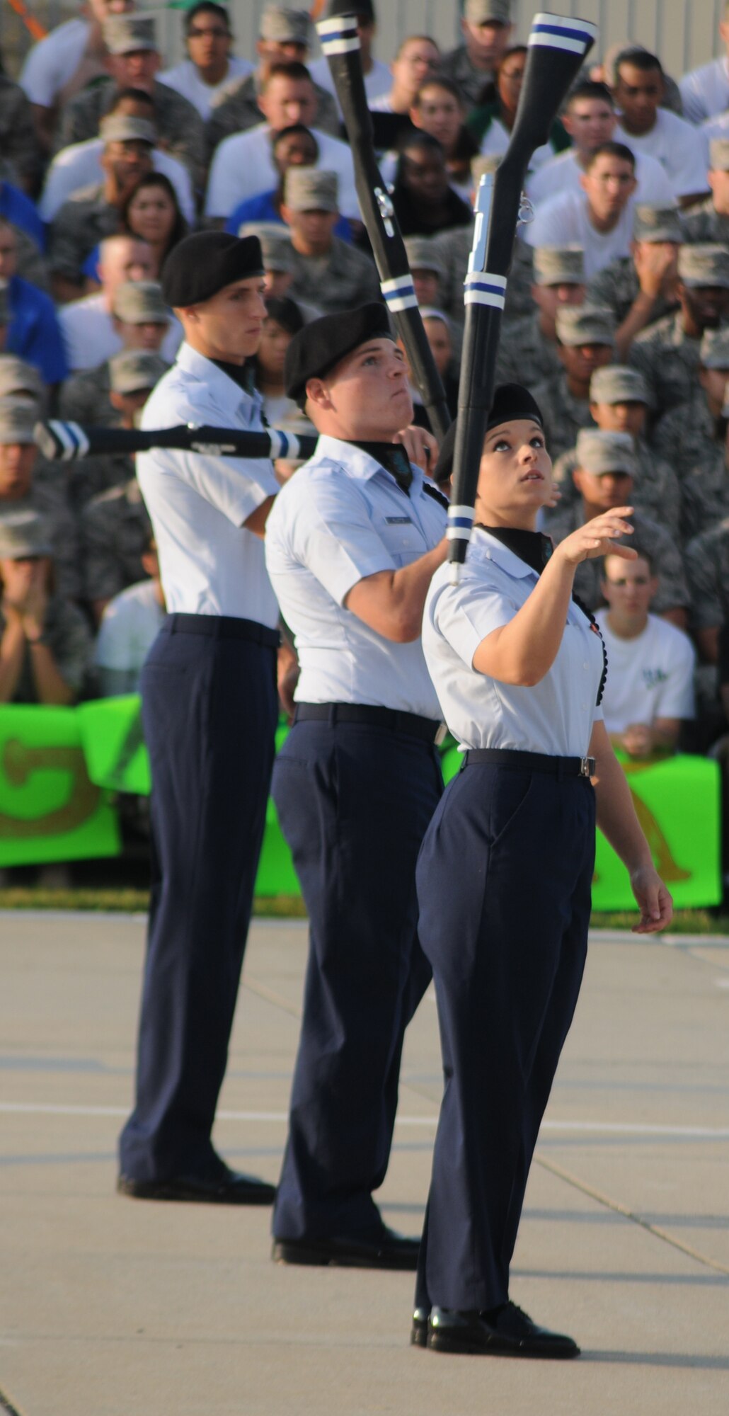 Airmen Basic Jeremy Smith, left, Warren Kluttz and Megan Dean demonstrate the Gators’ free-style skills in September’s drill down.  (U.S. Air Force photo by Kemberly Groue)